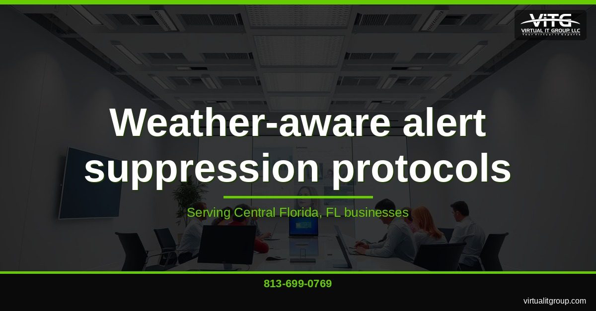 Alert tuning configuration screen showing weather-aware suppression settings for Central Florida businesses